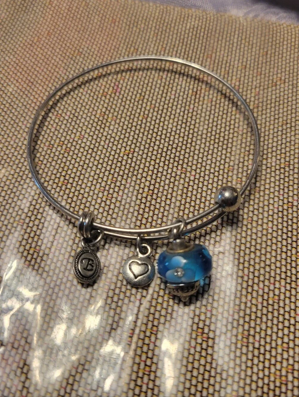 Silver Expandable Bangle Bracelet with Blue Glass Flower Charm